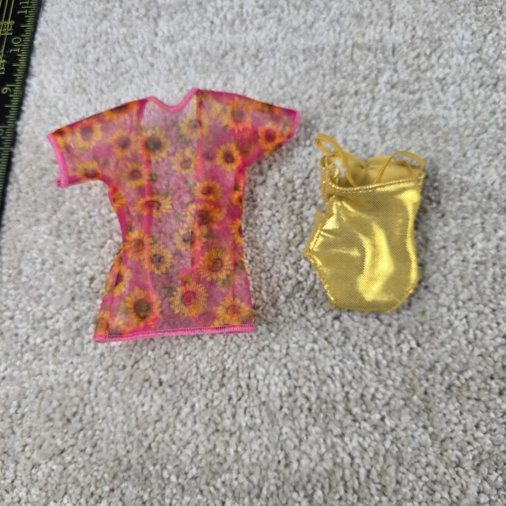 Barbie Doll Outfit Gold Metallic Swimsuit Pink Sunflower Mesh Coverup Beach Set